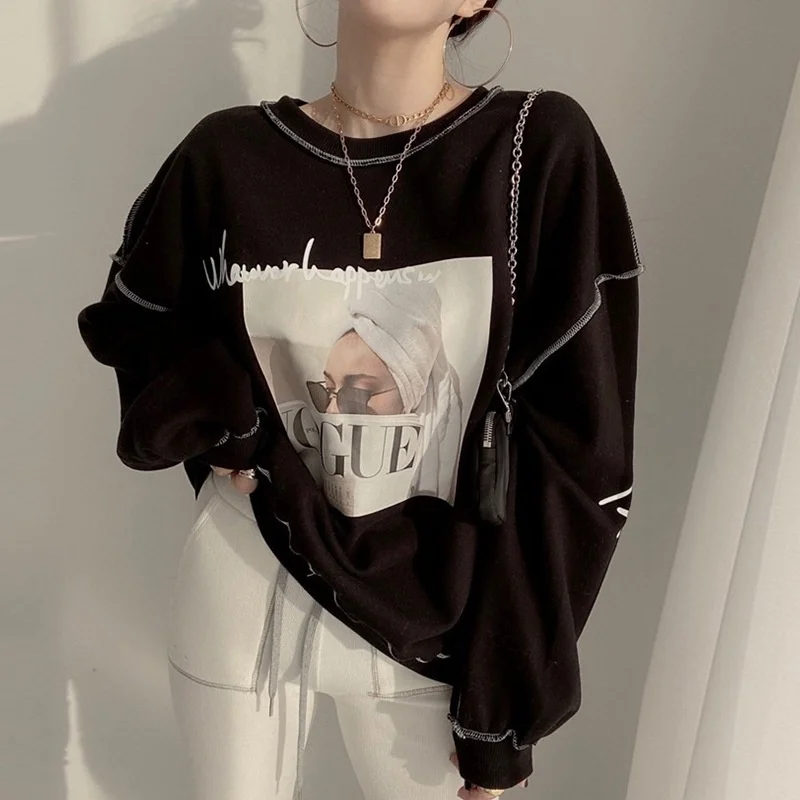 Корейский шикарный осенний Универсальный Свободный Повседневный пуловер с круглым вырезом и принтом фигуры, женский свитер с длинным рука... от AliExpress RU&CIS NEW