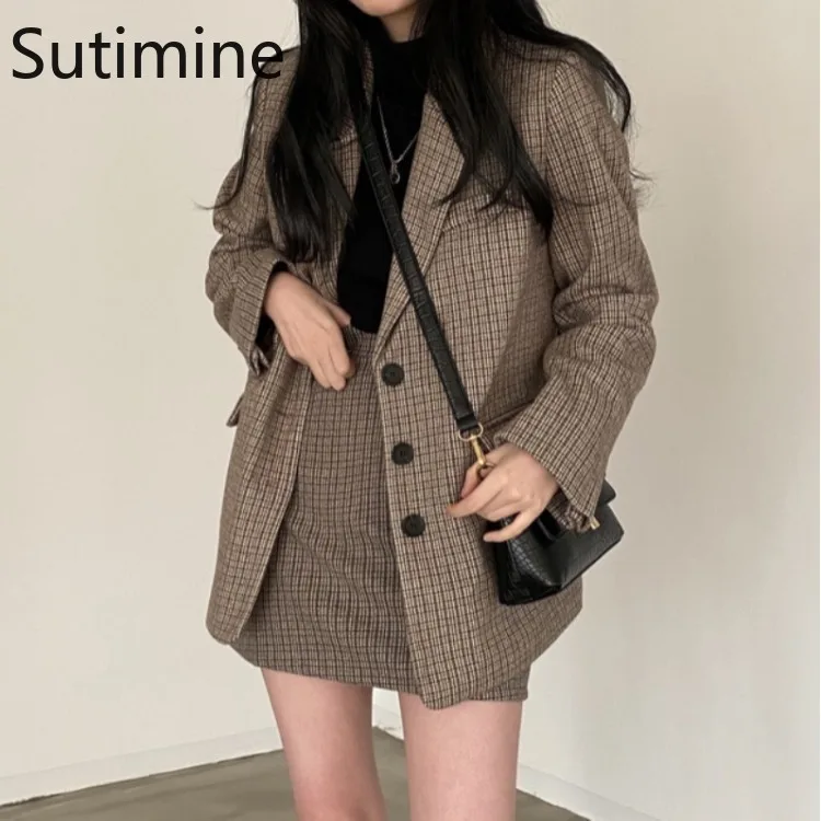 Formal Skirt Suits for Women Office Lady Blazer and Skirt Set Plaid Women's Skirt Blazer Set SLIM  Patchwork Winter  Skirt Suits