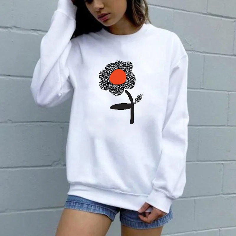 

Women Hoodie Black Flower Printed Hoodies Women Fleece Long Sleeve O Neck Loose Sweatshirt Girls Pullovers Winter