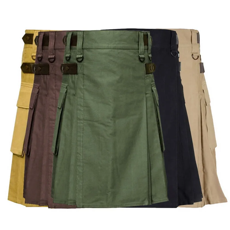 Puimentiua Scottish Mens Solid Classic Retro Traditional Plaid Medieval Cargo Personality Scottish Kilts Check Pattern Skirts