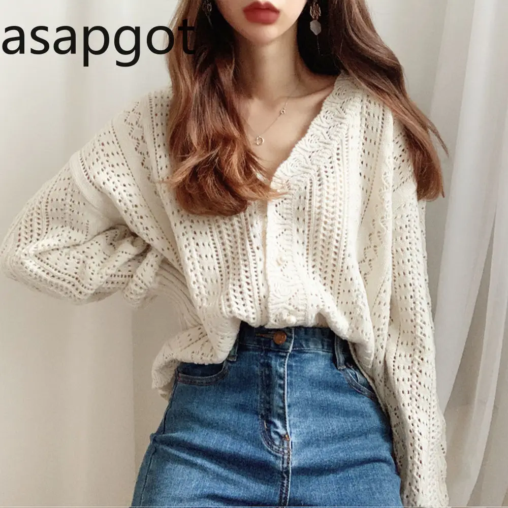 Korean Chic Vintage Hook Flower Lace Hollow Out Sweet Wild V Neck Full Puff Sleeve Cardigan Sweater Knitted Solid Loose Casual |