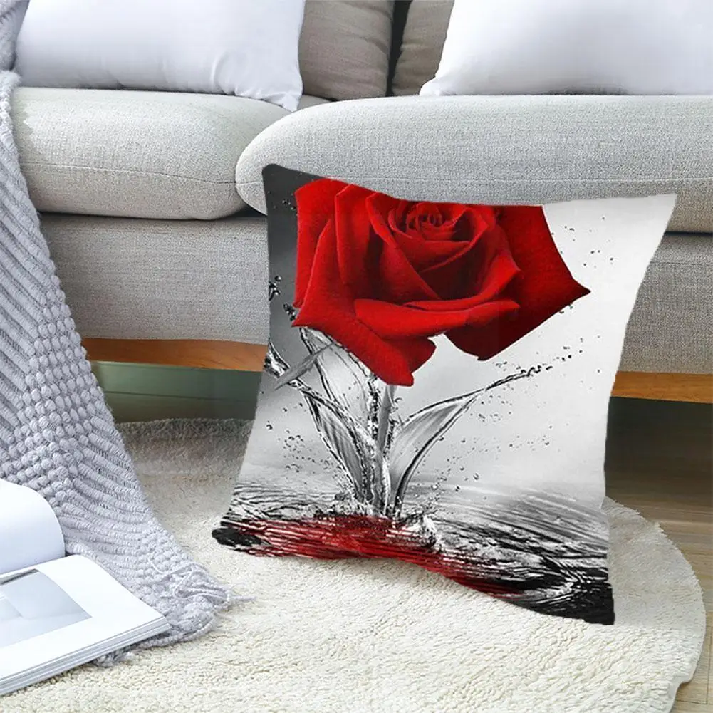 

45*45cm Single-sided Peach Skin Rose And Green Leaf Cushion Chair Decorative Pillows Cover Home Floral Pillowcase P0G8