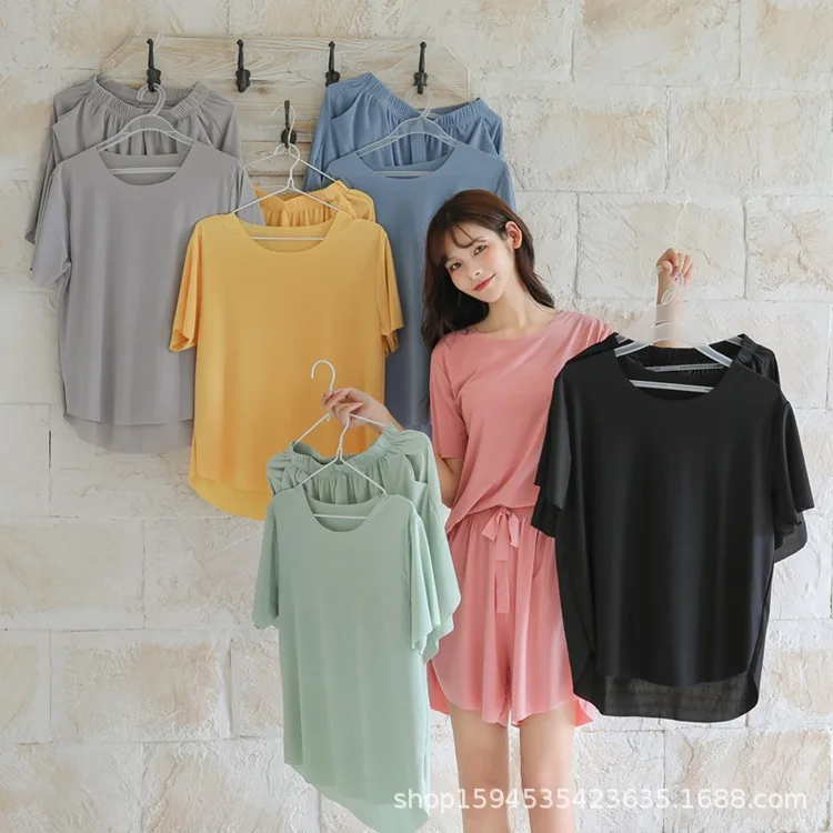 2021 Spring Summer New Ice Silk 2Pcs Women's Pajamas Set Solid Color Nightwear Fashion Home Clothes Sexy Sleepwear Sleeping Wear