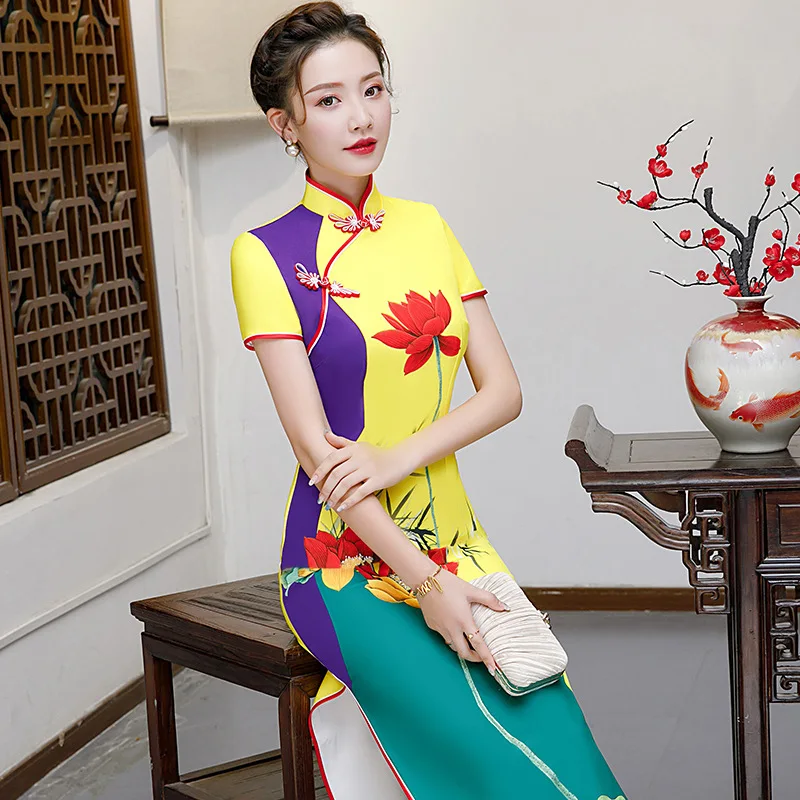 Китайское традиционное женское платье с цветочным принтом размера плюс 3XL 4XL 5XL