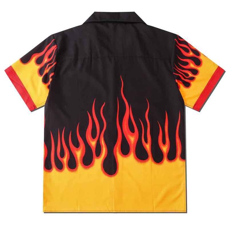 Yellow Flame Print Men Hawaiian Shirt 2021 Hip Hop Fashion Shirt Streetwear Shirt Harajuku Beach Shirt Summer Short Sleeve Tops