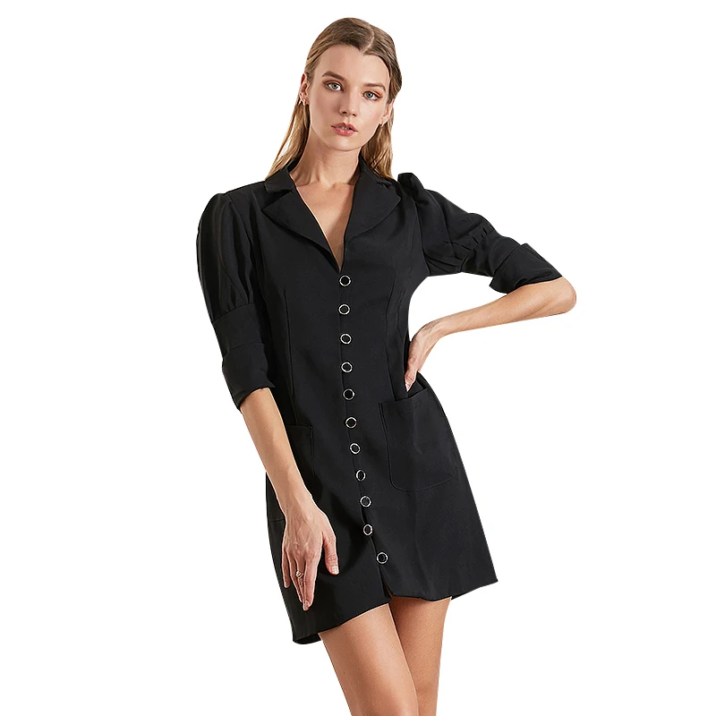 TWOTWINSTYLE корейское черное платье для женщин, с отворотом, с пышными рукавами, с высокой талией, тонкие платья, женская модная одежда, весна, Новинка