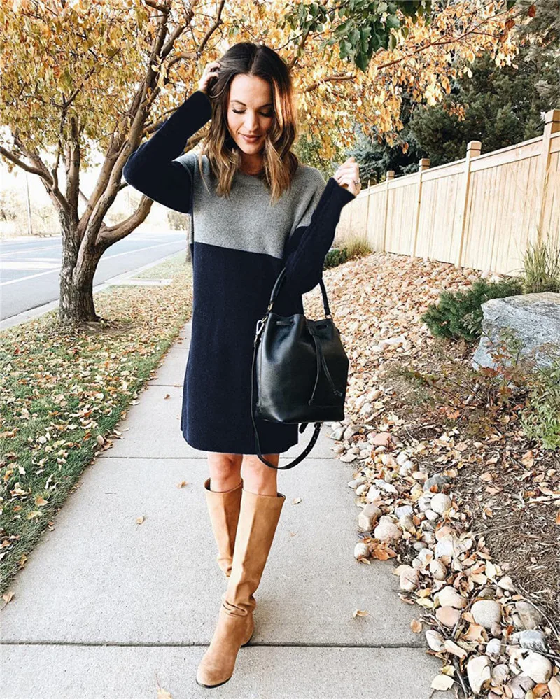 

2021 New Autumn Dresses Street Casual Long Sleeve O-neck Patchwork Print Dress Winter Women Loose Long Sweatshirt Dress Vestidos