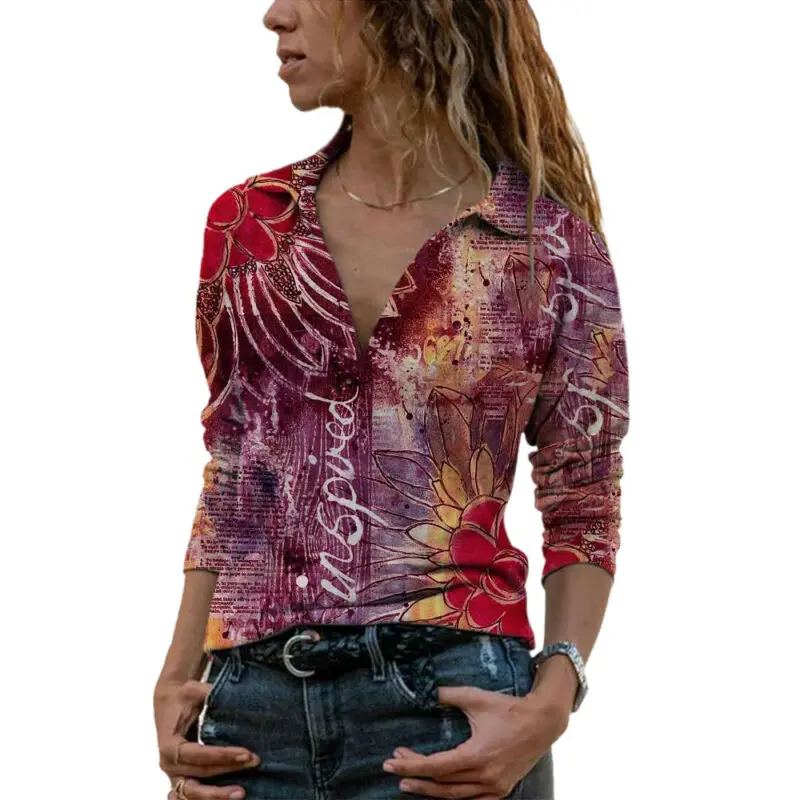 

Womens V Neck Long Sleeve Floral T Shirt Ladies Casual Blouse Collared Tops