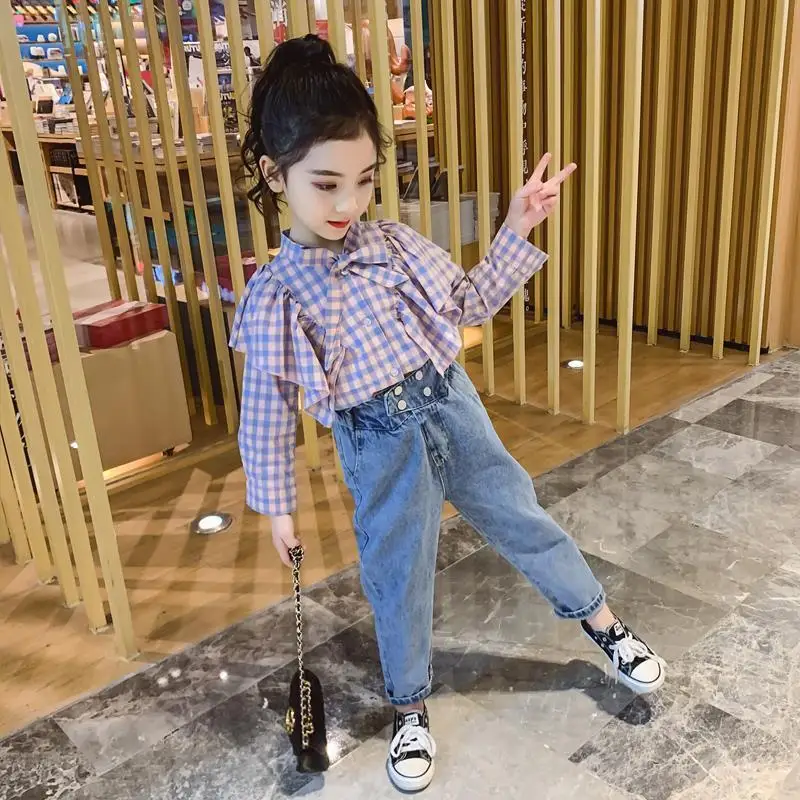 

2021 Spring Autumn New Toddler Kids Baby Girl Ruffles Plaid Shirt Tops Denim Jeans Pants 2Pcs Sets Fashion Clothes Outfit D487