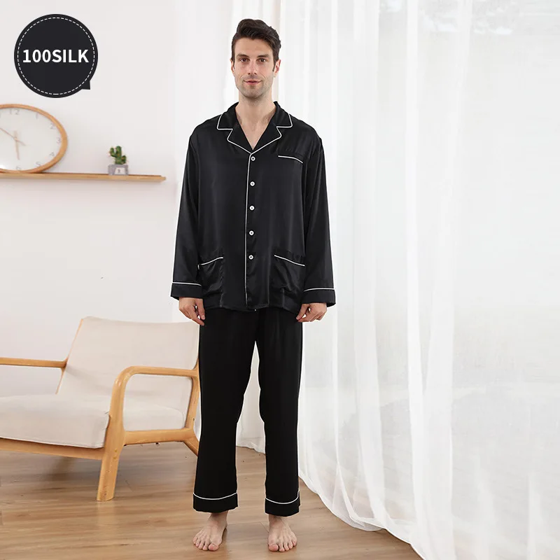 22 mm new style thicker silk pajamas men's 100% mulberry silk long-sleeved trousers set home sleepwear