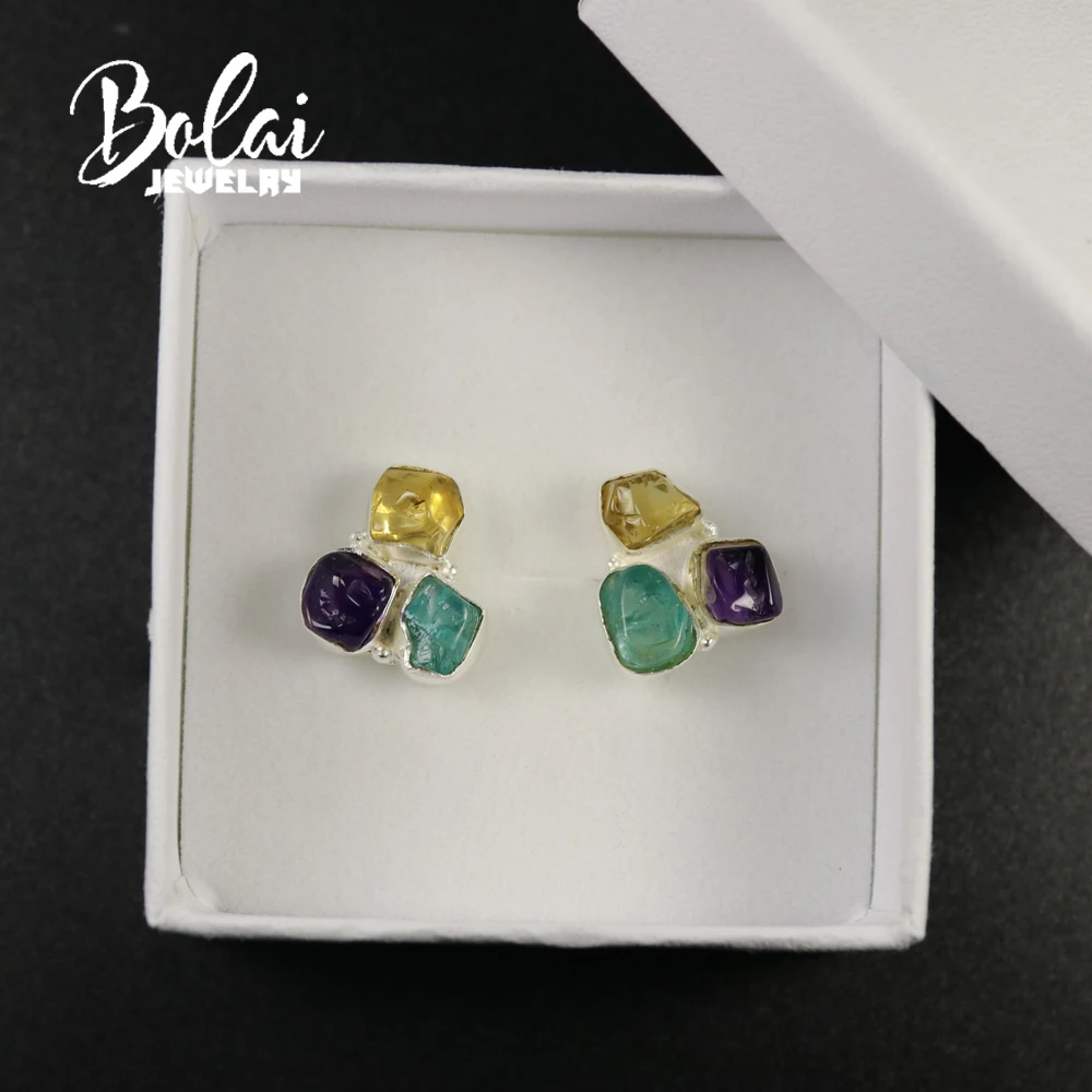 

bolai,handmade 3 stone hook earring natural Gemstone Rough original citrine apatite amethyst 925 sterling silver fine Jewelry