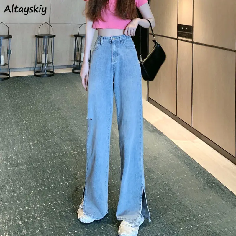 

Women Jeans Holes Wide Leg Solid Side-slit Design Elegant Korean Style Fashion Streetwear All-match Denim Trousers Simple Tender