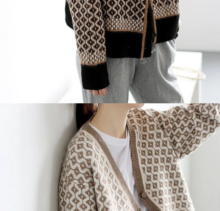 

Knitted cardigan ladies 2021 spring new retro contrast v-neck diamond sweater coat temperament loose top