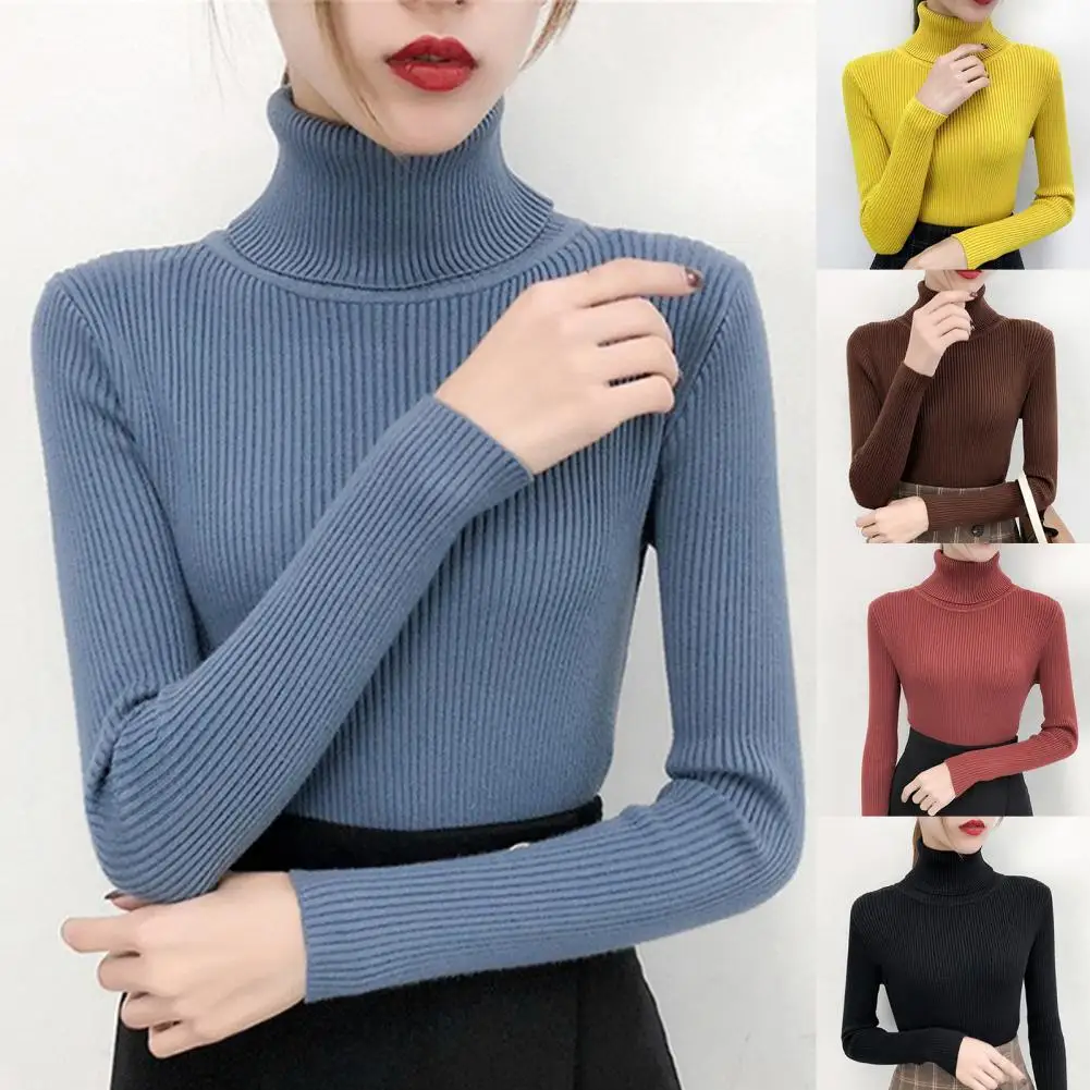 

Ele-Choices Women Sweater Ribbing Turtleneck Autumn Winter Solid Color High Stretchy Knitted Pullover Streetwear