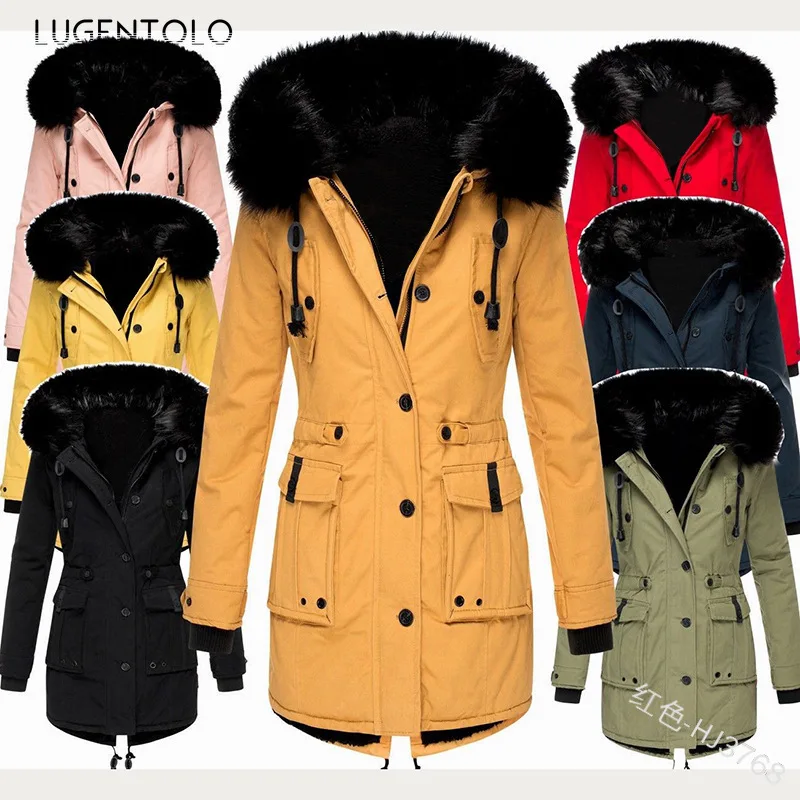 

Winter Coat Women Plus Size Mid-length Thick Large Fur Collar Double-faced Fleece Slim Fit Full Sleeve Woman Jacket Lugentolo