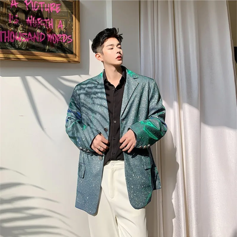 

Мужские Блестящие блейзеры для ночного клуба, свободный винтажный подиумный костюм, пальто, индивидуальный весенний уличный повседневный ...