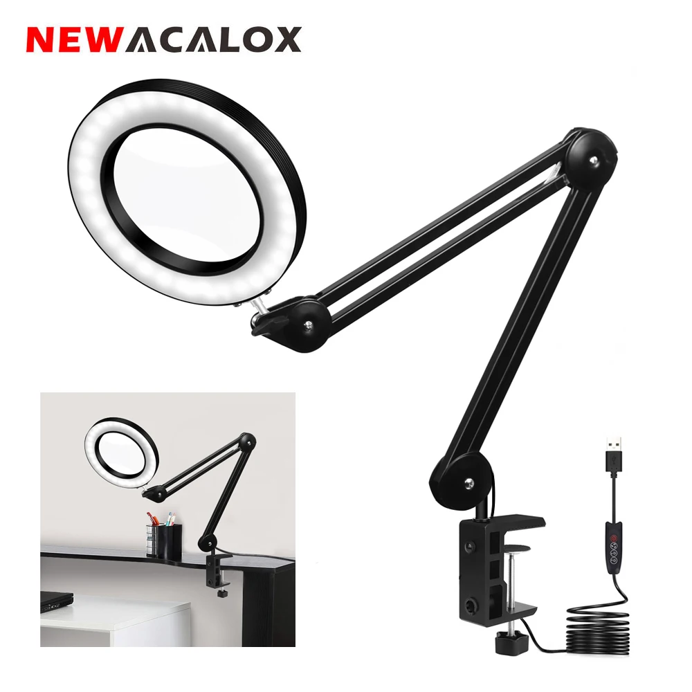 NEWACALOX USB 5X светодиодный увеличительное Стекло складывая лупа Настольная лампа