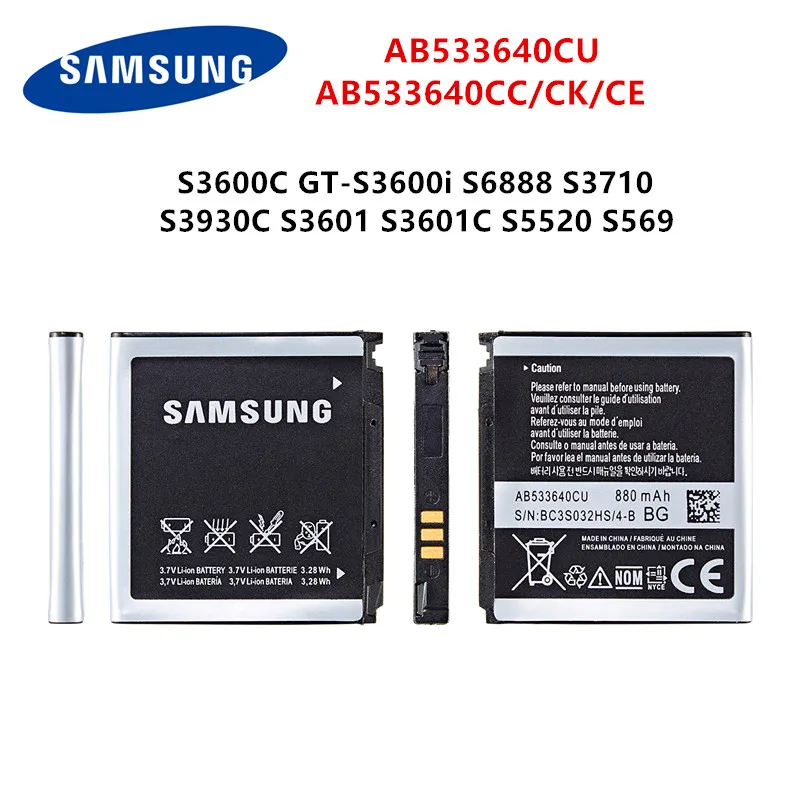 

SAMSUNG Orginal AB533640CU AB533640CC Battery 880mAh For Samsung S3600C GT-S3600i S6888 S3710 S3930C S3601 S3601C S5520 S569