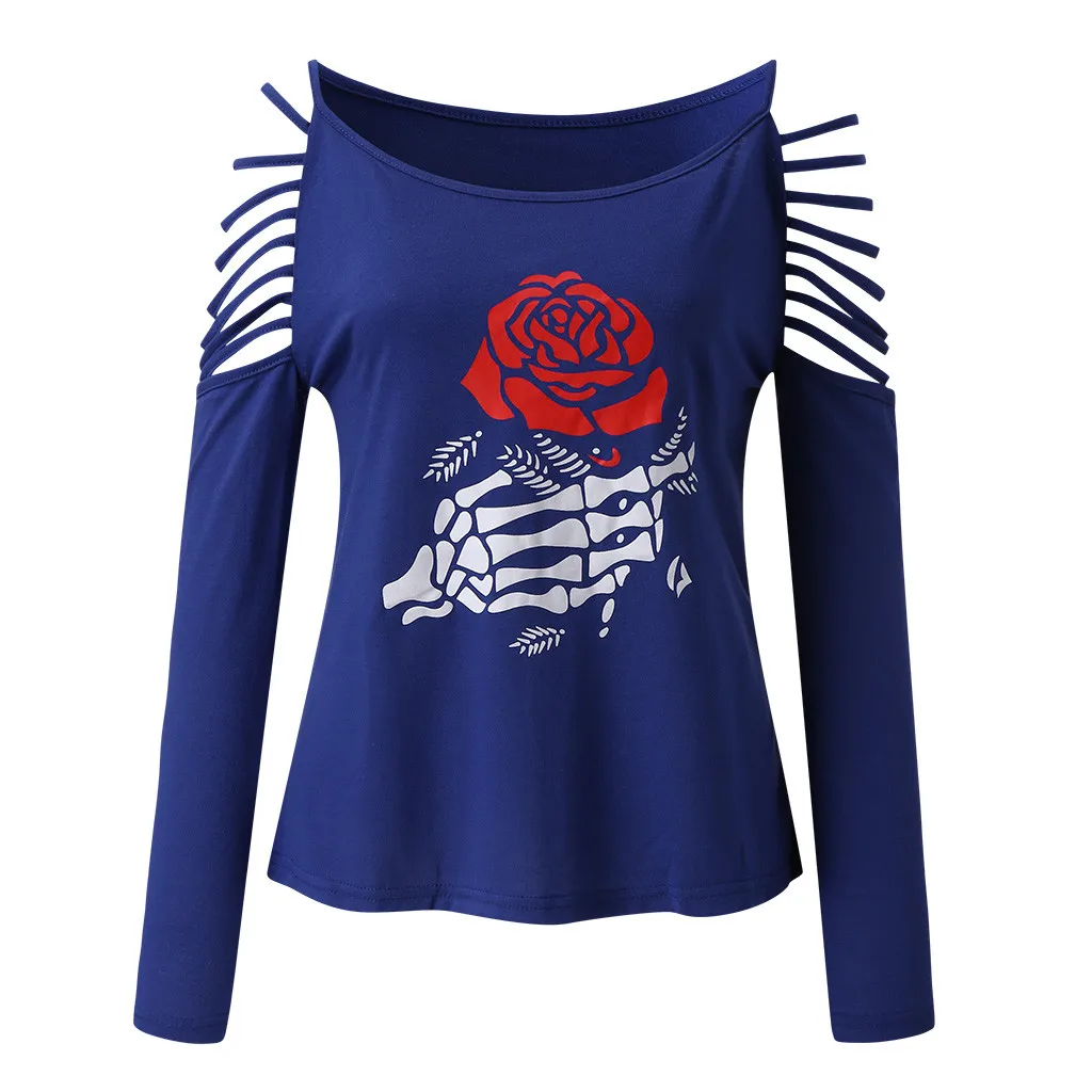 Женская футболка с длинным рукавом открытыми плечами и принтом розы|Футболки| |