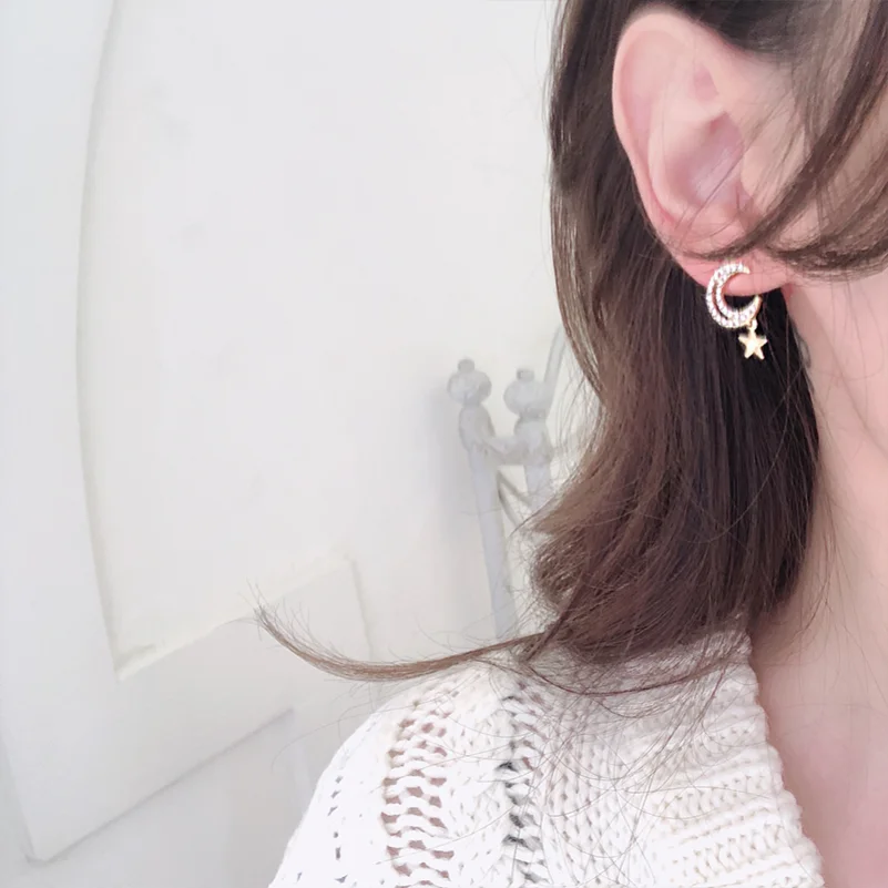 Золотые блестящие Звездные серьги-гвоздики из сплава в виде Луны Женские