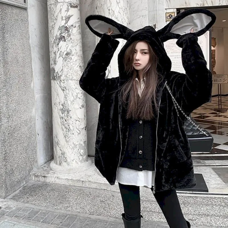 Women Faux Fur Jacket female tops Thick Mid-length Cute Hooded 2022 Winter Rabbit Ears Rex Plush Coat Soft Girl