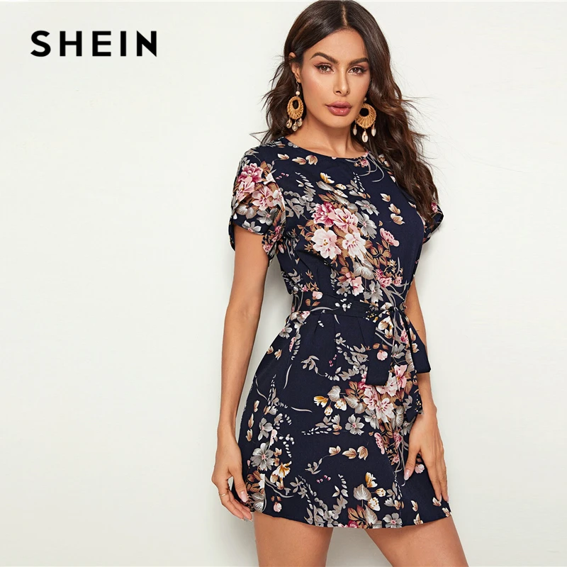 SHEIN темно-синее платье с цветочным принтом, рукав-лепесток, туника с поясом, женское летнее платье с коротким рукавом, прямые богемные короткие платья