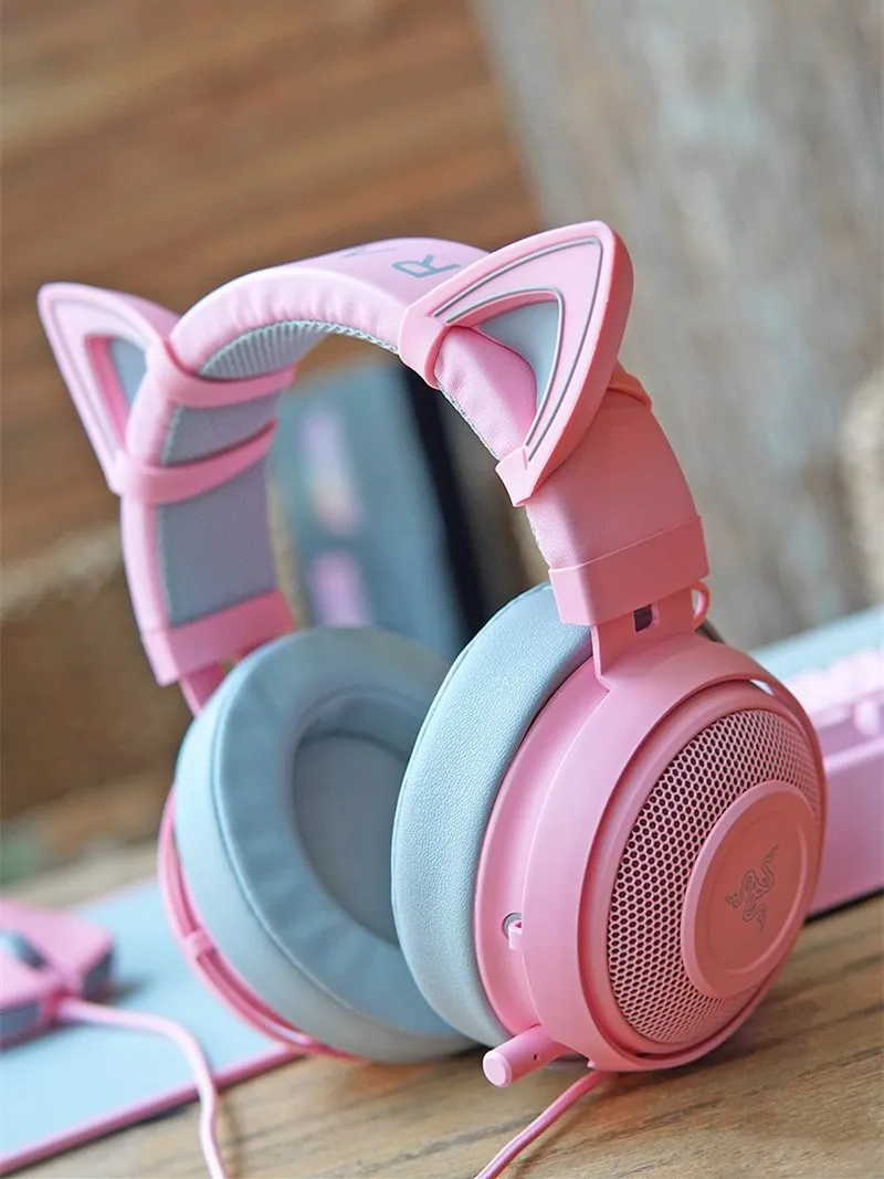 Оригинальная розовая кварцевая игровая гарнитура Razer KRAKEN с кошачьими ушками