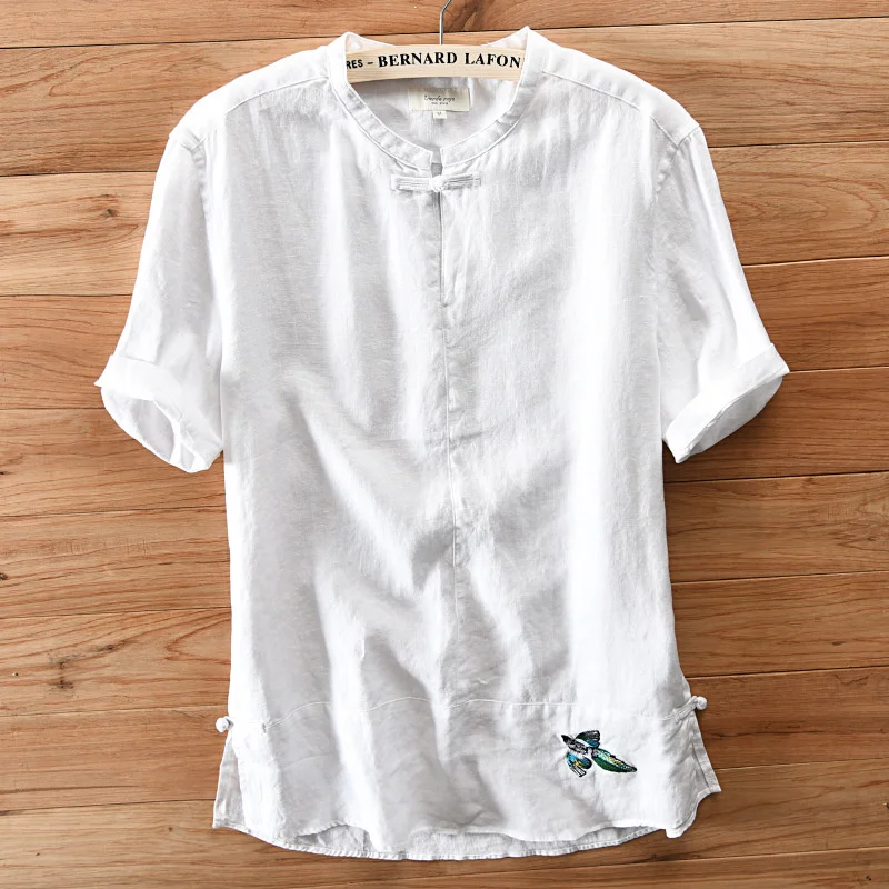 

Футболка мужская с круглым вырезом, короткий рукав, Китайская вышивка, белый синий хаки, повседневная льняная рубашка, топы