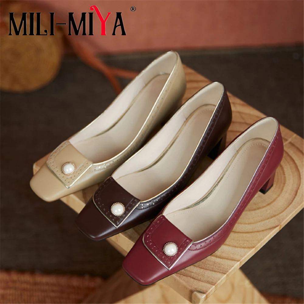 

MILI-MIYA Fashion Square Toe Women Genuine Leather Thick Heels Pumps Slip On Solid Color Dress Party Shoes Size 34-40 For Ladies