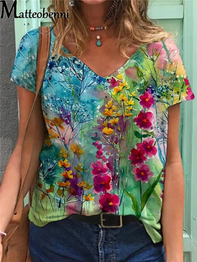 

2021 Summer Women's V-Neck Floral Print Short Sleeve Multicolor Loose Plus Size T-Shirt Ladies Fashion Casual Streetwear Tee Top