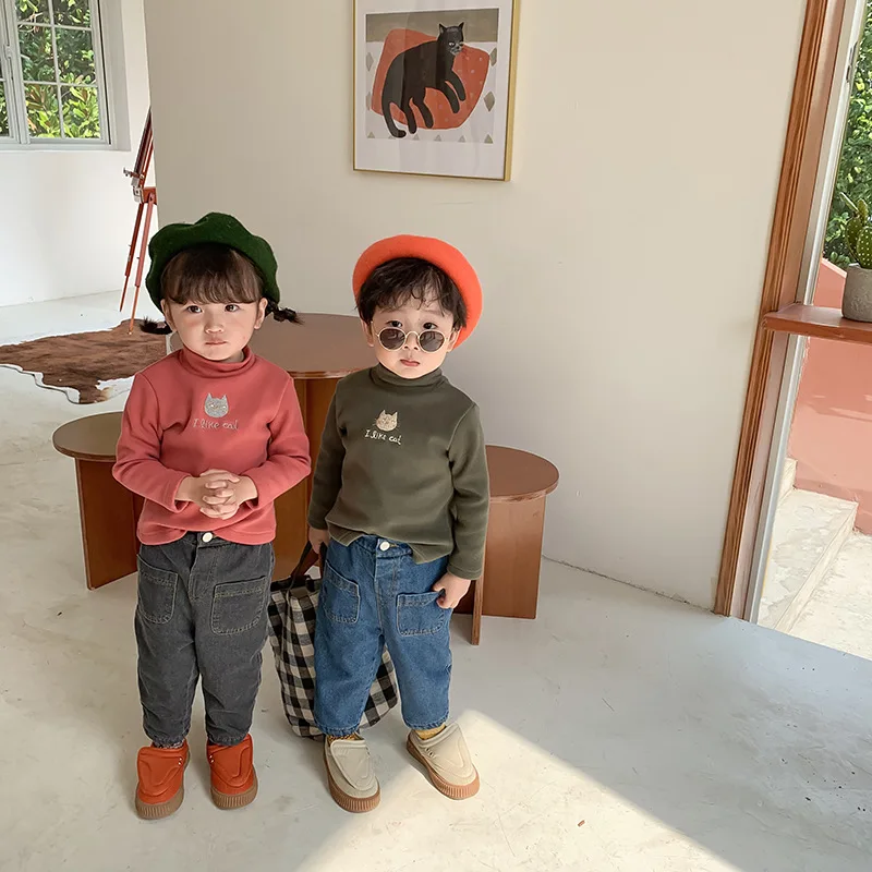 Зимние Детские футболки с вышитым котом подкладкой из флиса Теплые Топы 4 цветов