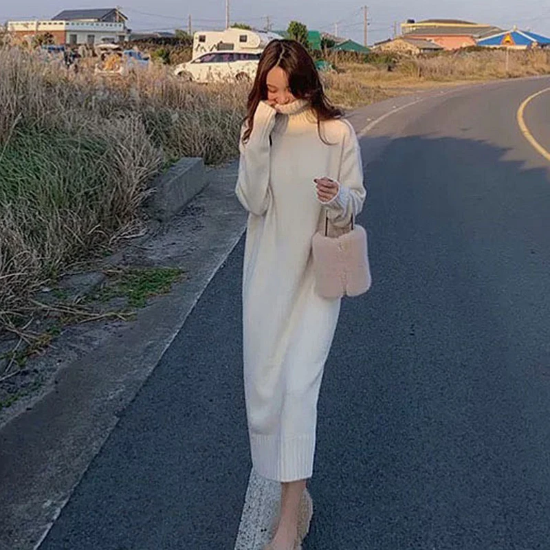 

Women's overcoat sweater loose thickened long knee-length autumn and winter high collar base shirt long sleeve knitted dress