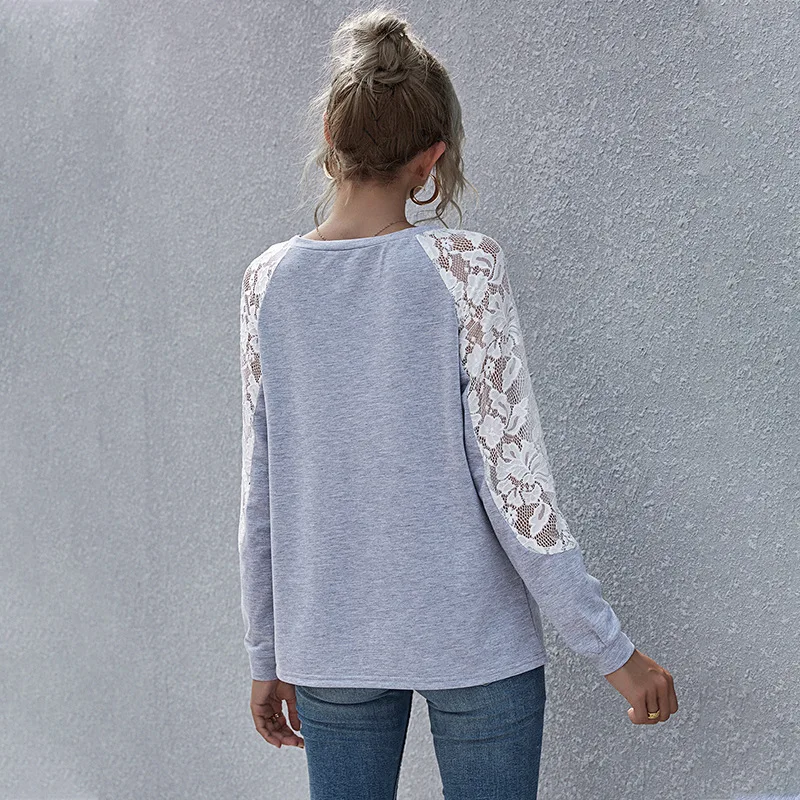 

Sexy Casual Women T-shirts Fall 2020 Elegant Lace Patchwork O-neck Loose T-shirts for Ladies
