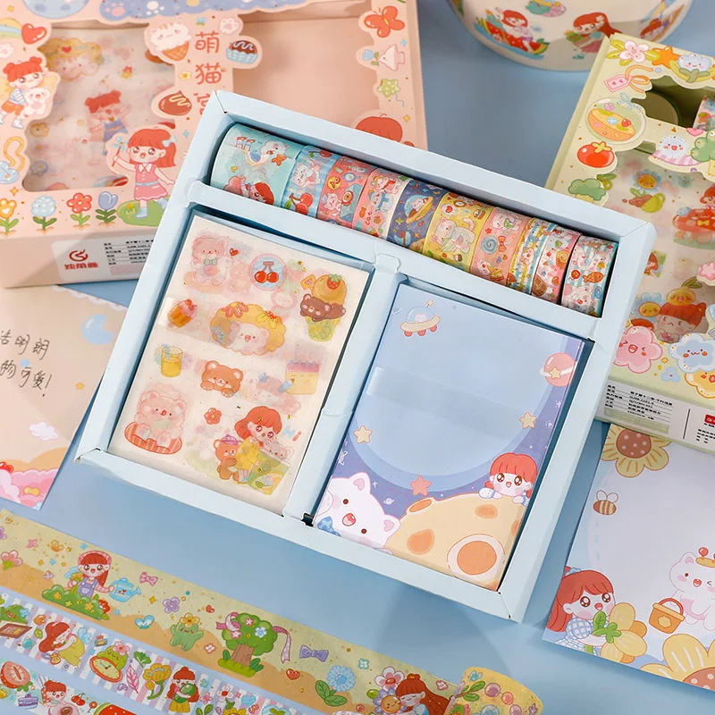 45PCS/SET kawaii Washi Tape + Memo Pads + Stationery Stickers Cartoon School Supplies Kit Masking Tape Sticker DIY Planner Decor