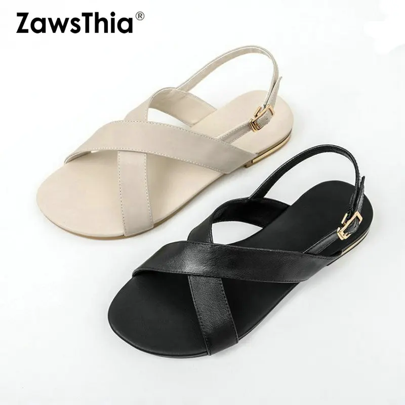 ZawsThia 2020 Summer Genuine Leather Cross Strap Slingback Sandals Woman Caual Flats Shoes Black Women Big Size 44 45 46 | Обувь