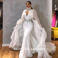 white mermaid fabulous evening dresses satin big cape spaghetti saudi arabic special occasion evening formal prom party gown