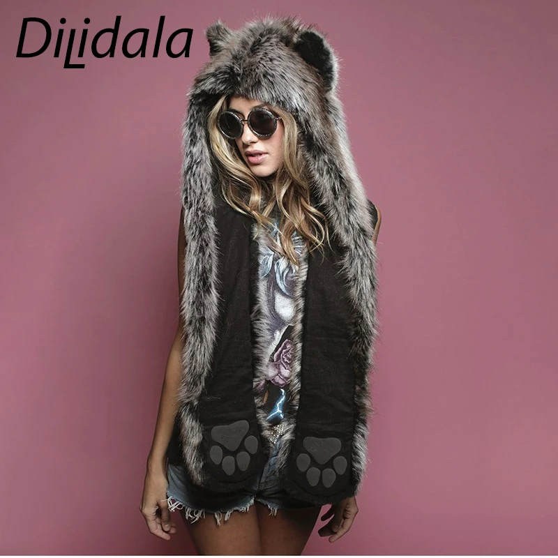 Dilidala горячая распродажа полный мех животных зимняя теплая хеджирующая шапка женские худи перчатки карман длинная шапка шаль шарф Обертывания для женщин