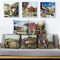 watercolor house scenic print cushion cover linen throw pillows cases sofa home