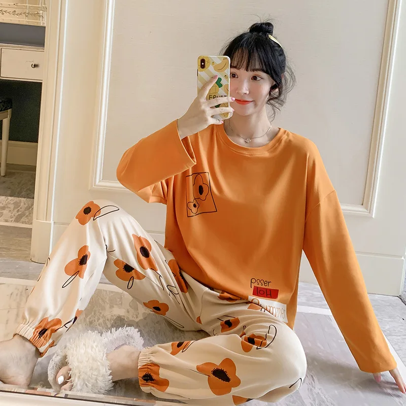 

Пижама с круглым вырезом, Новое поступление на весну и осень, Пижамный костюм с длинным рукавом, женское нижнее белье, хлопковое удобное дом...