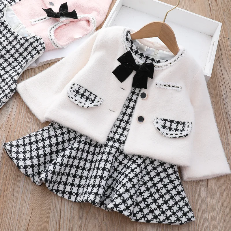 

children's sweet bow Dress sets aristocratic wind and velvet plover dress + coat suit kids