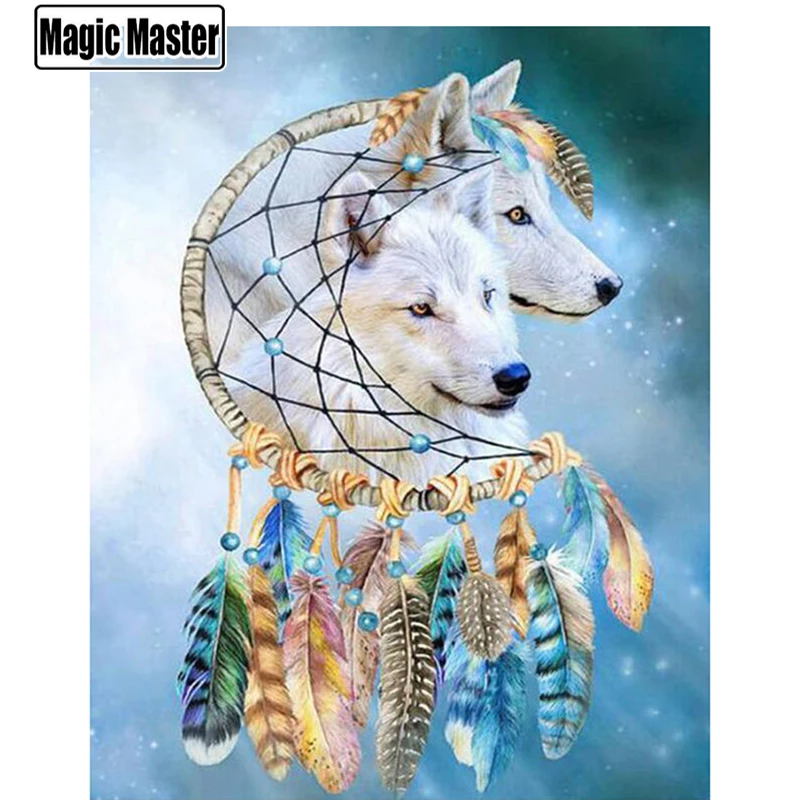 Daimond Painting 5D Full Square/Round Drill Dream catcher wolf Animals Diamond Rhinestone Pebble Cross Stitch Mosaic Picture | Дом и сад