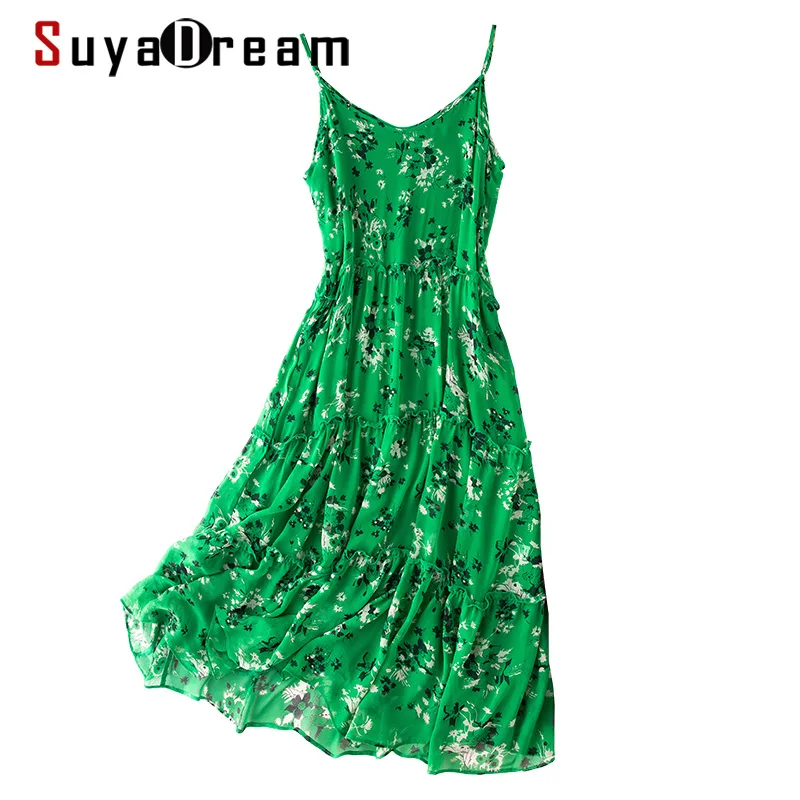 

SuyaDream Woman Midi Dress 100%Silk Printed Spaghetti Strap Green Dresses 2021 Spring Summer Elegant Floral Dresses