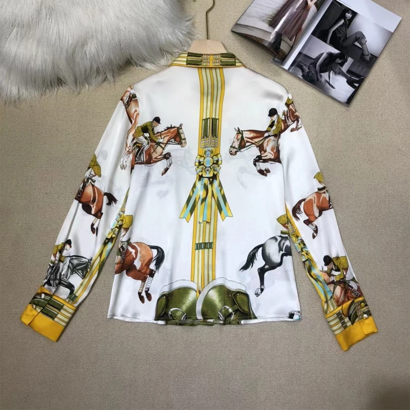 

100% silk women blouses white yellow horse printed women shirts quality office lady women blouse