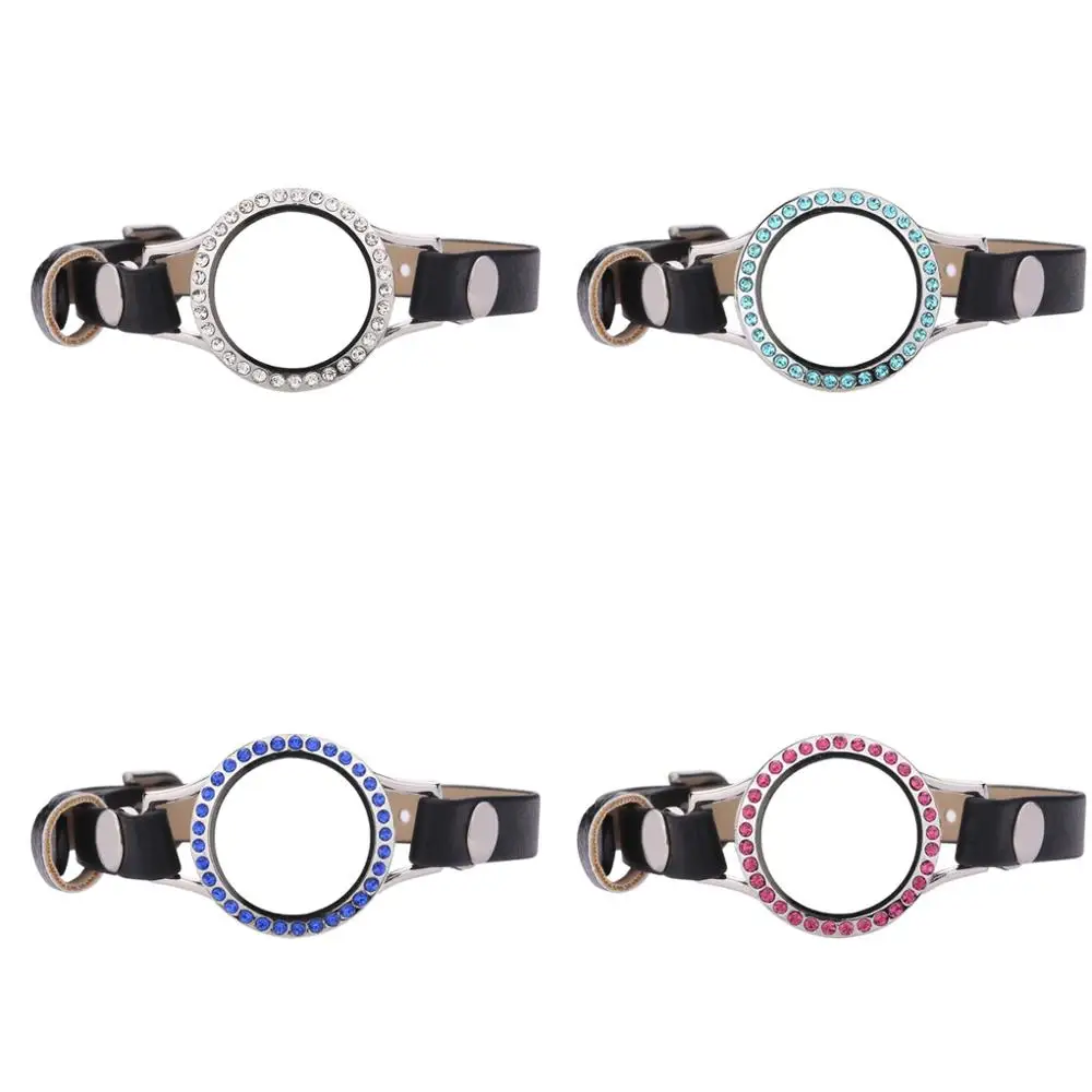 

5pcs/lot 25mm Different color crystals Glass Locket 7cm+15cm Black Single Wrap PU Leather Bracelets Wristband With 50pcs Charms