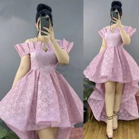 pink elegant formal prom dress short sleeeve short sleeve sweetheart pleat lace for party evening dresses robes de soir%c3%a9e