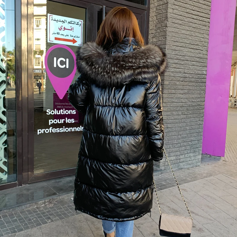 Высокое Новое поступление, качественная зимняя куртка для женщин, теплая, утолщенная, с капюшоном, с мехом, длинное пальто, блестящая ткань, стильная женская парка