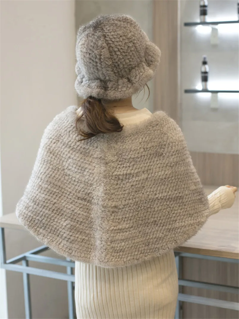 Real Mink Fur Shawl Handmade knitted Fluffy Gray Poncho Winter Warm Black Wraps Women Stole  Scarf