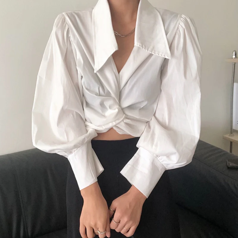 

Женский укороченный топ с пушистыми рукавами, элегантный белый бандажный топ с перекрестными бретелями, модель XC209, 2021