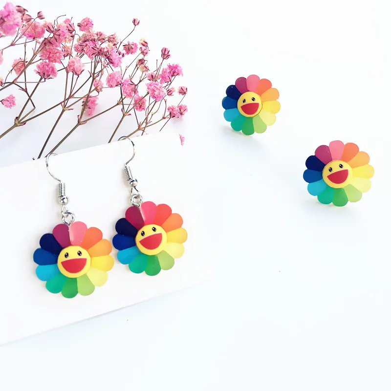 

Fashion Cute Rainbow Sunflower Sets for Women Frosted Smiling Face Sun Flowers Dangle Earrings Party Jewelry