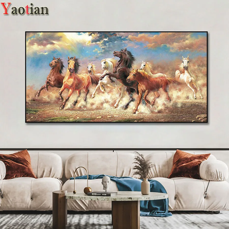 

Eight horses Diamond Painting 5d DIY Full round Drill Cross Stitch Large Size Rhinestone Embroidery Mosaic Painting 100x50cm